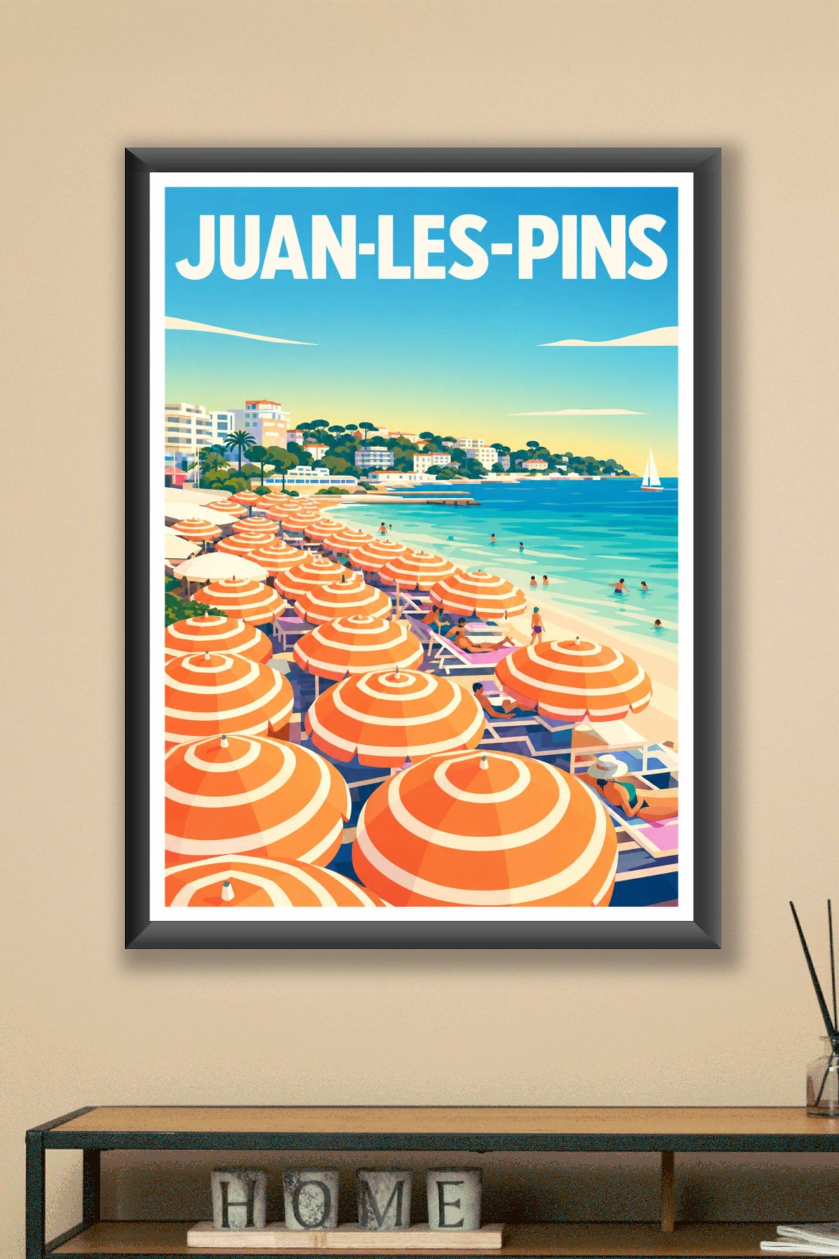 Affiche Juan-les-Pins, poster parasols orange
