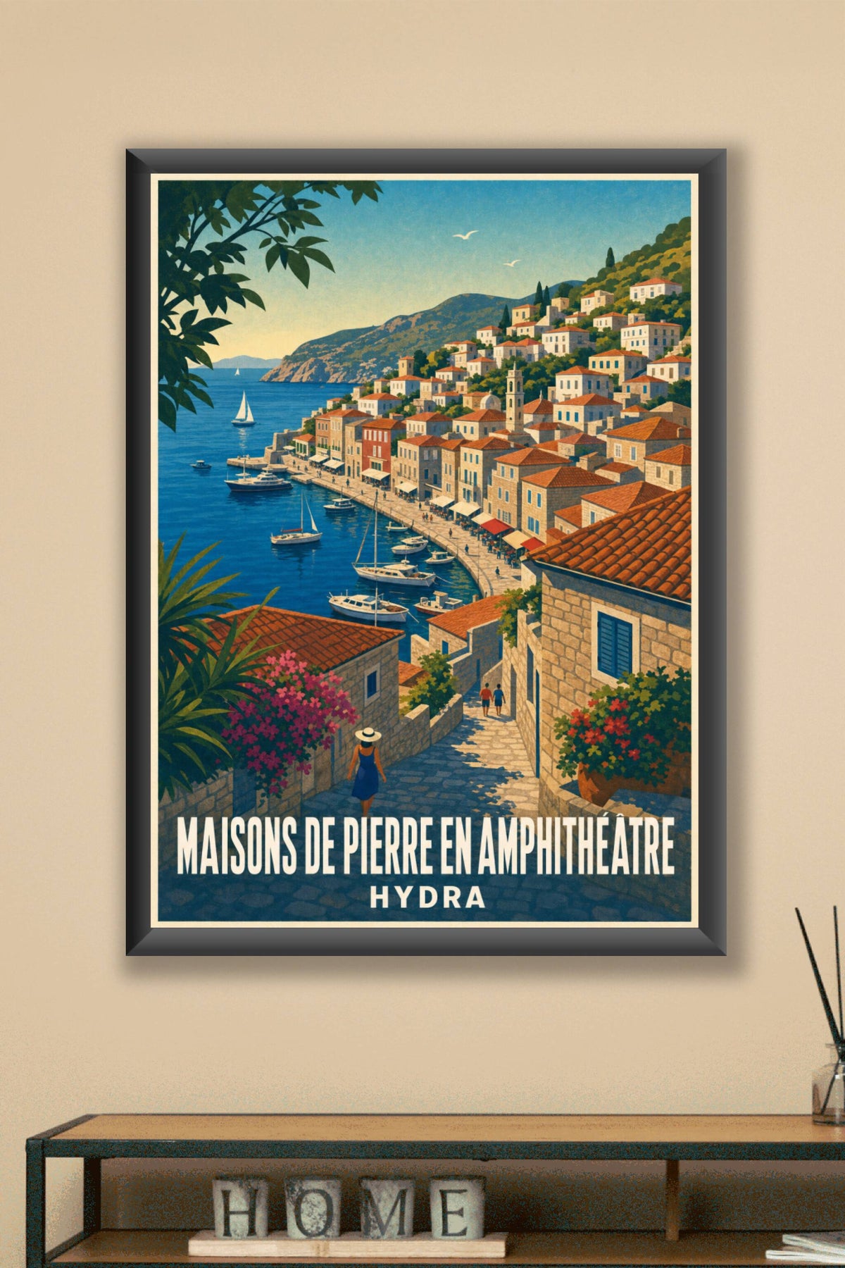 Affiche d'Hydra, poster maisons en pierre