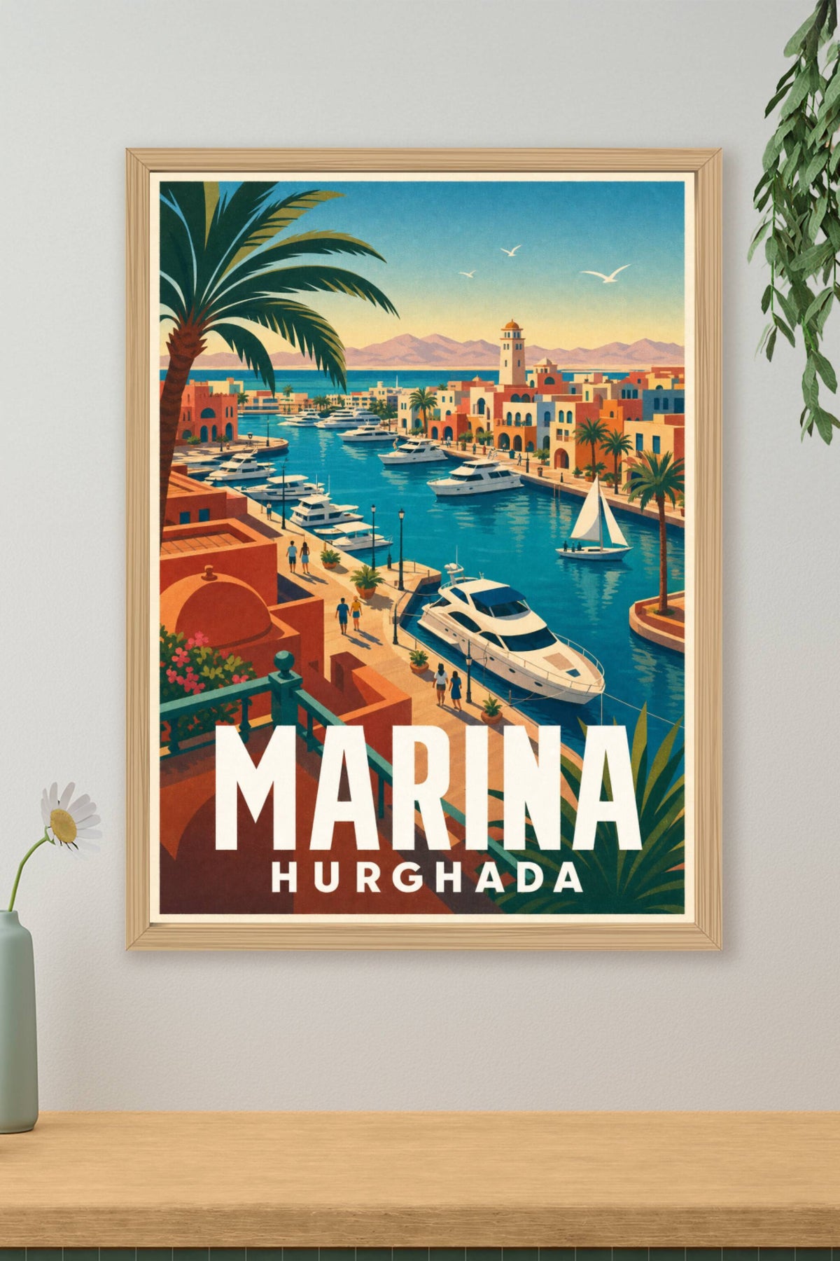 Affiche de Hurghada Marina, poster yachts et palmiers