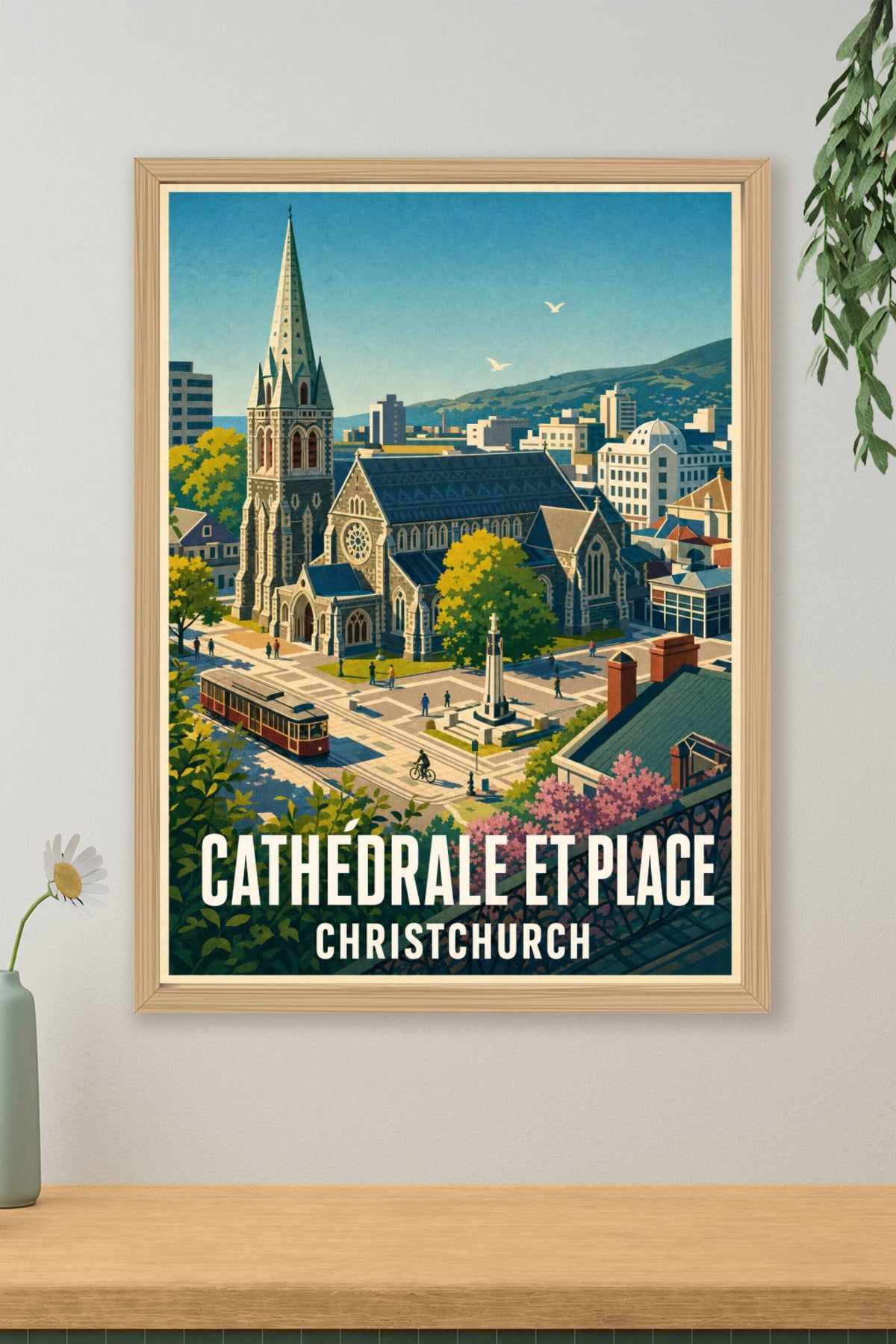 Affiche de Christchurch, cathédrale et tramway