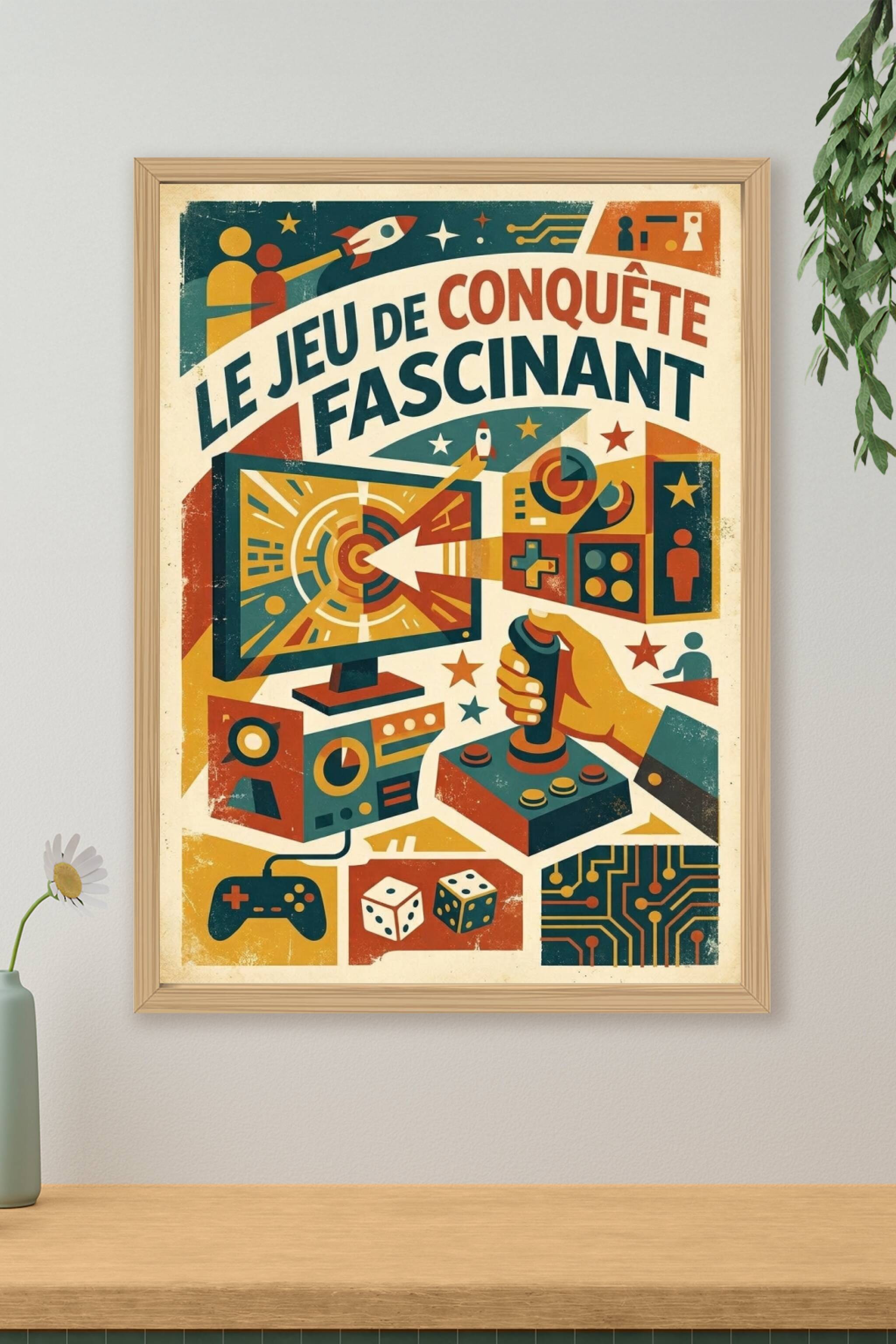 Poster du jeu vidéo vintage, joystick et rétro