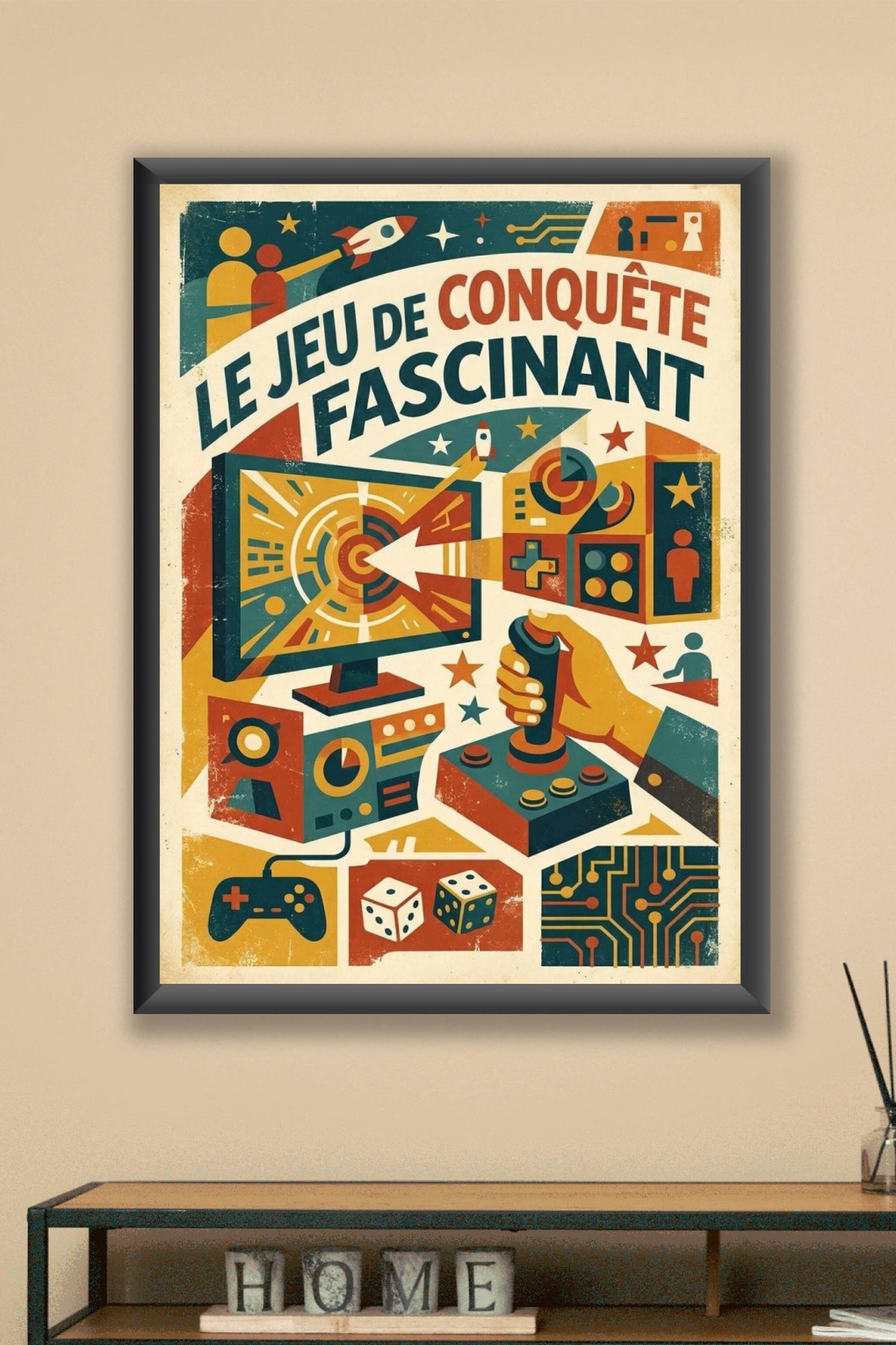 Poster du jeu vidéo vintage, joystick et rétro