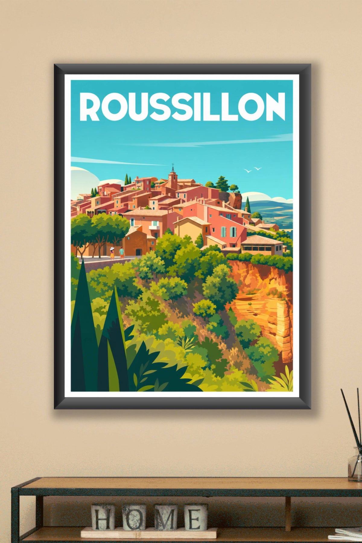 Affiche Roussillon, poster village ocre