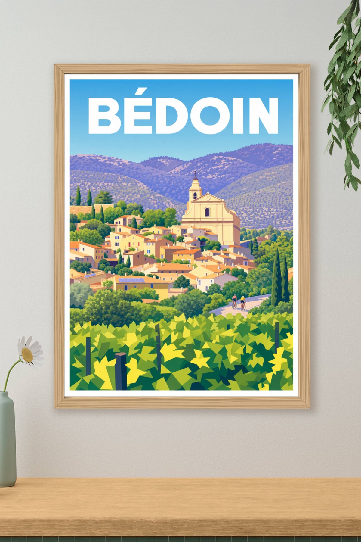 Affiche de Bédoin, poster église et cyclistes