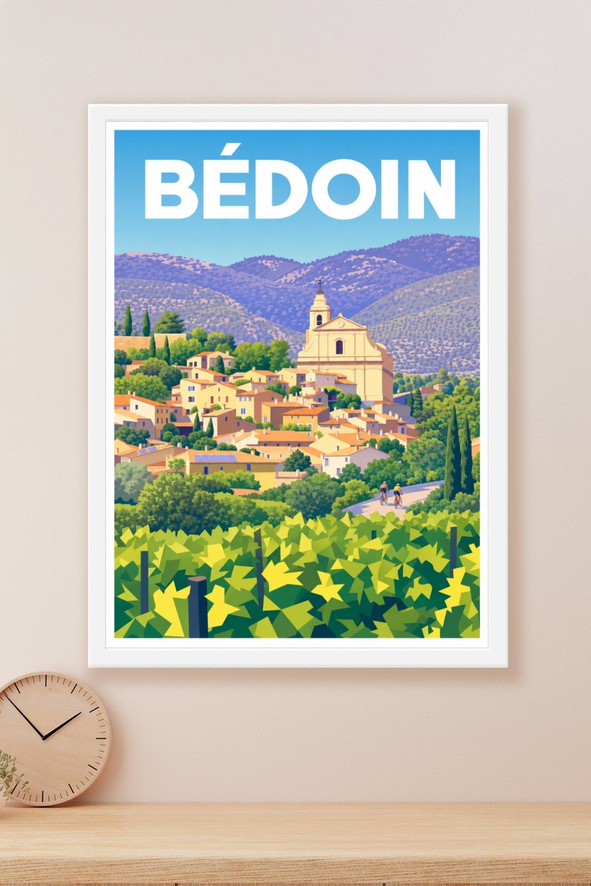 Affiche de Bédoin, poster église et cyclistes