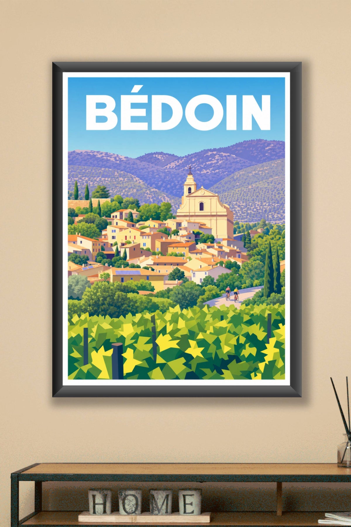 Affiche de Bédoin, poster église et cyclistes