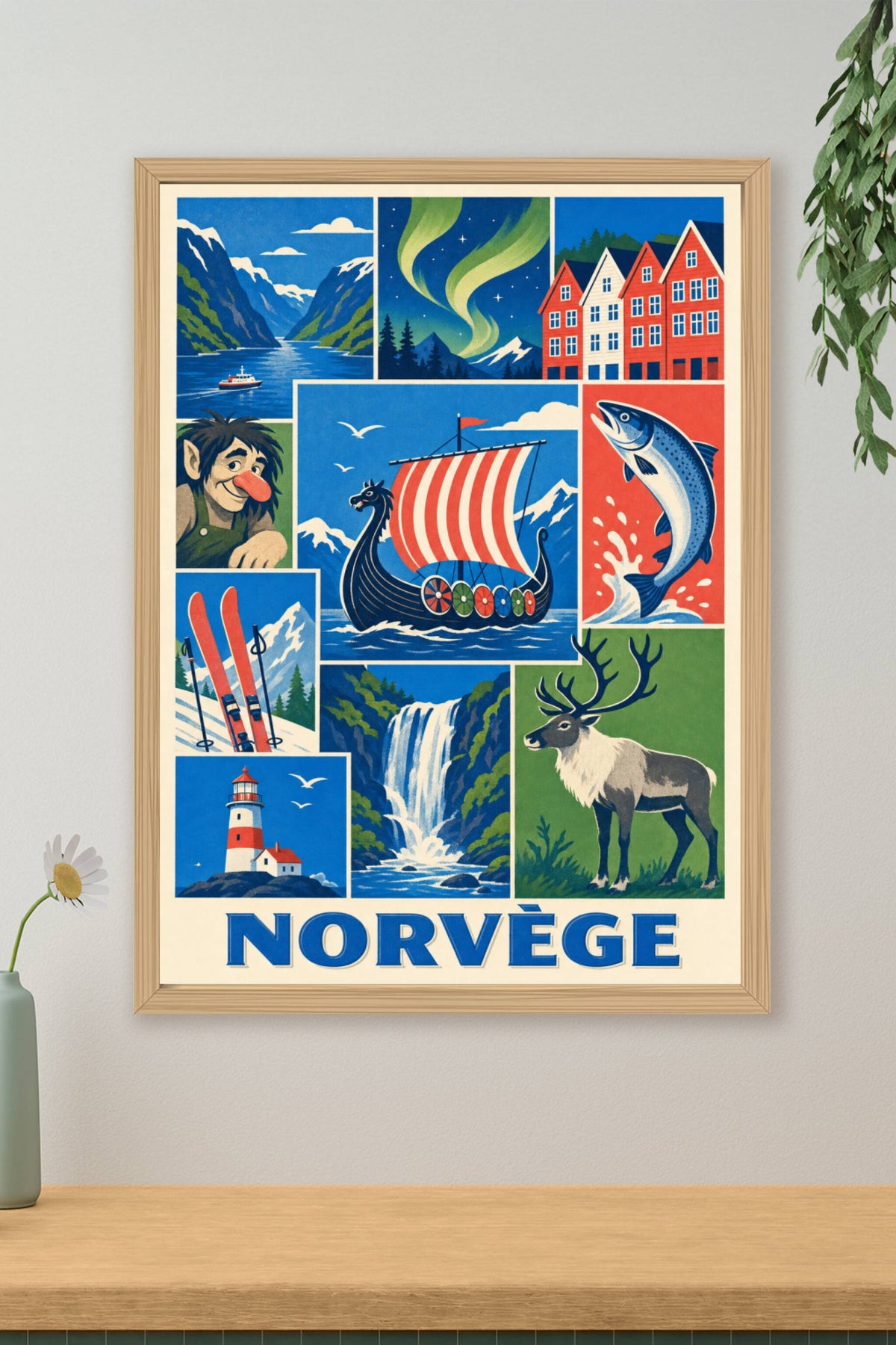 Affiche de Norvège, poster drakkar et fjords