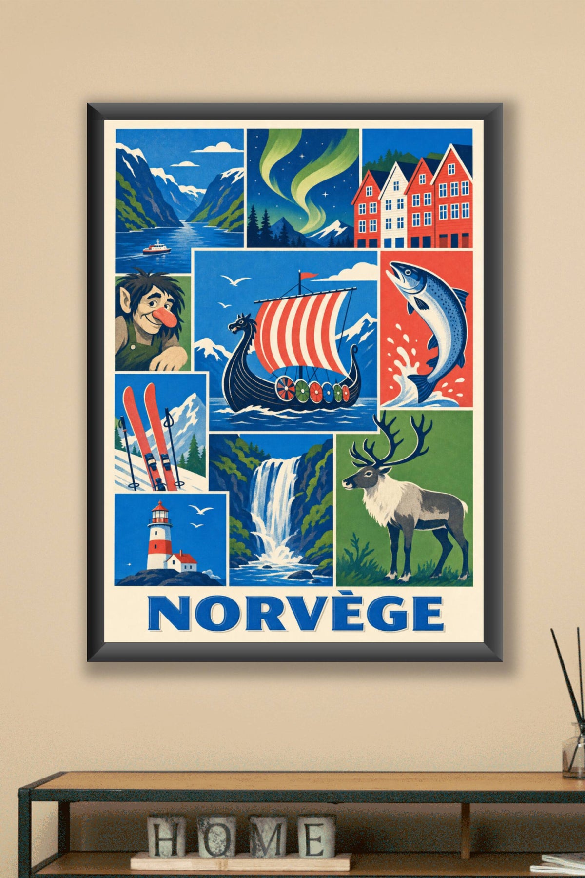 Affiche de Norvège, poster drakkar et fjords