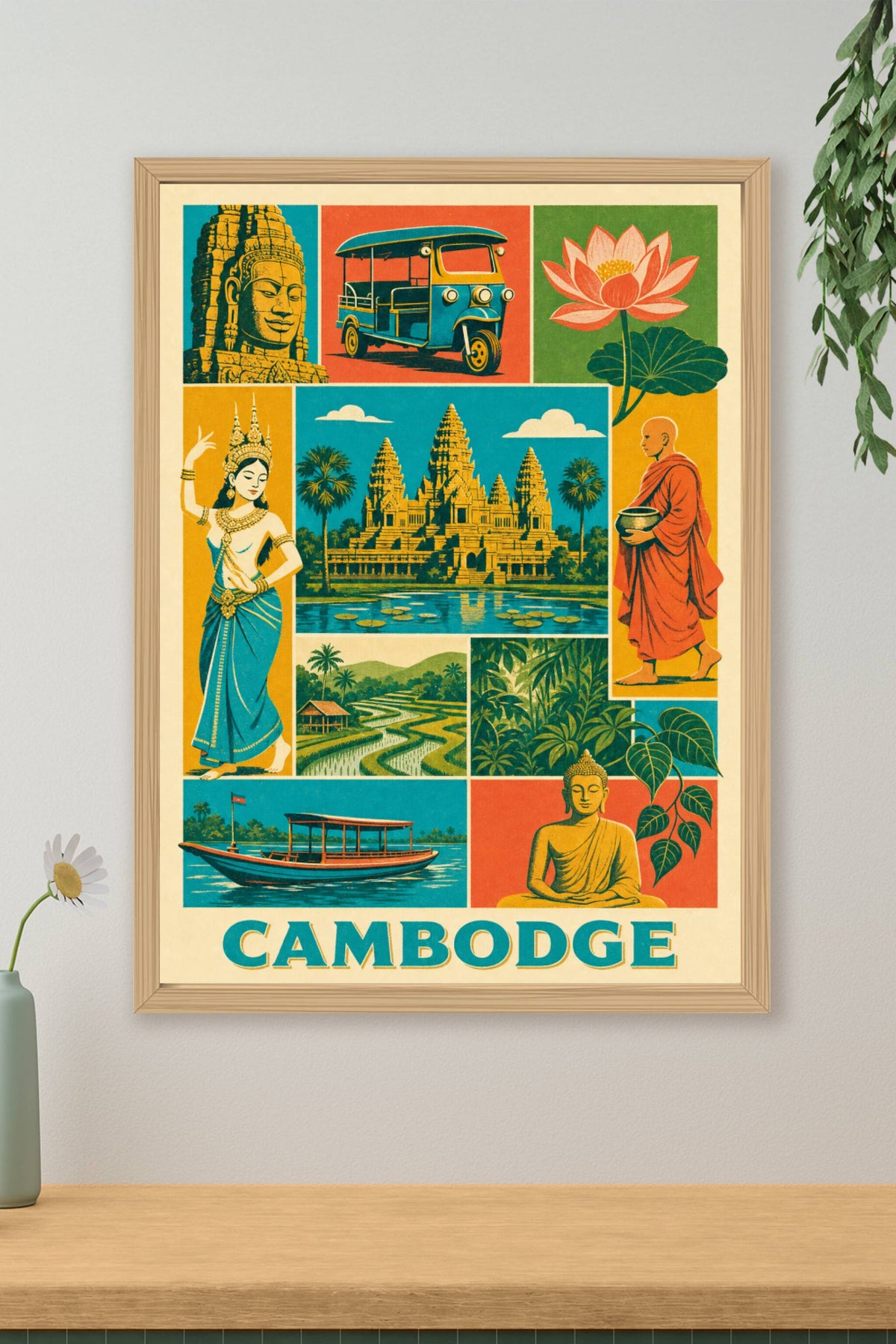 Affiche du Cambodge, poster Angkor Wat et tuk-tuk