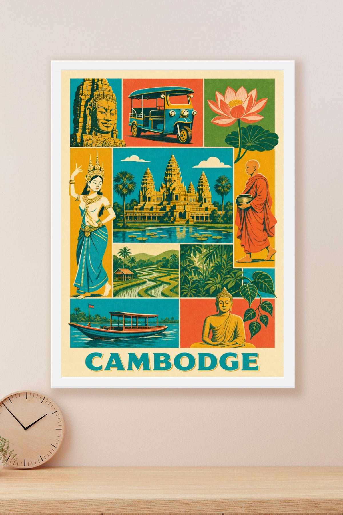 Affiche du Cambodge, poster Angkor Wat et tuk-tuk