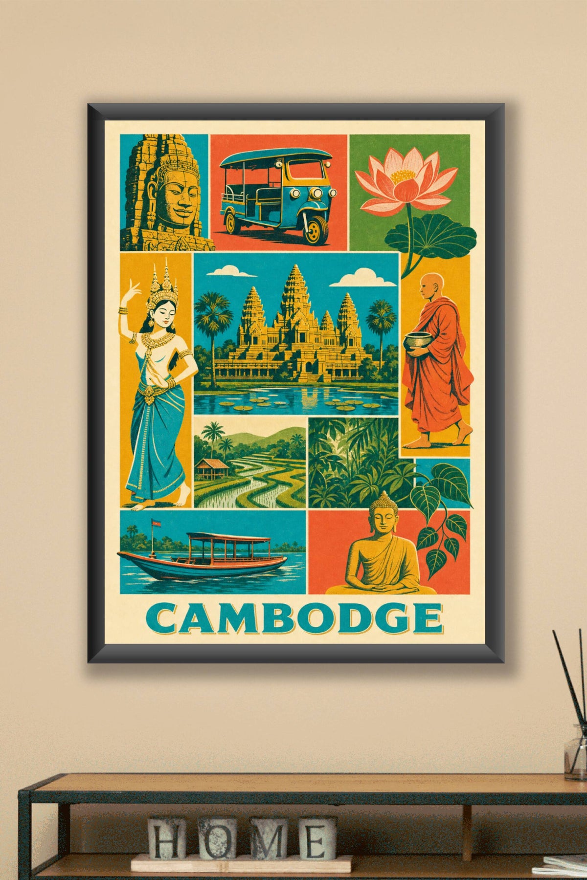 Affiche du Cambodge, poster Angkor Wat et tuk-tuk