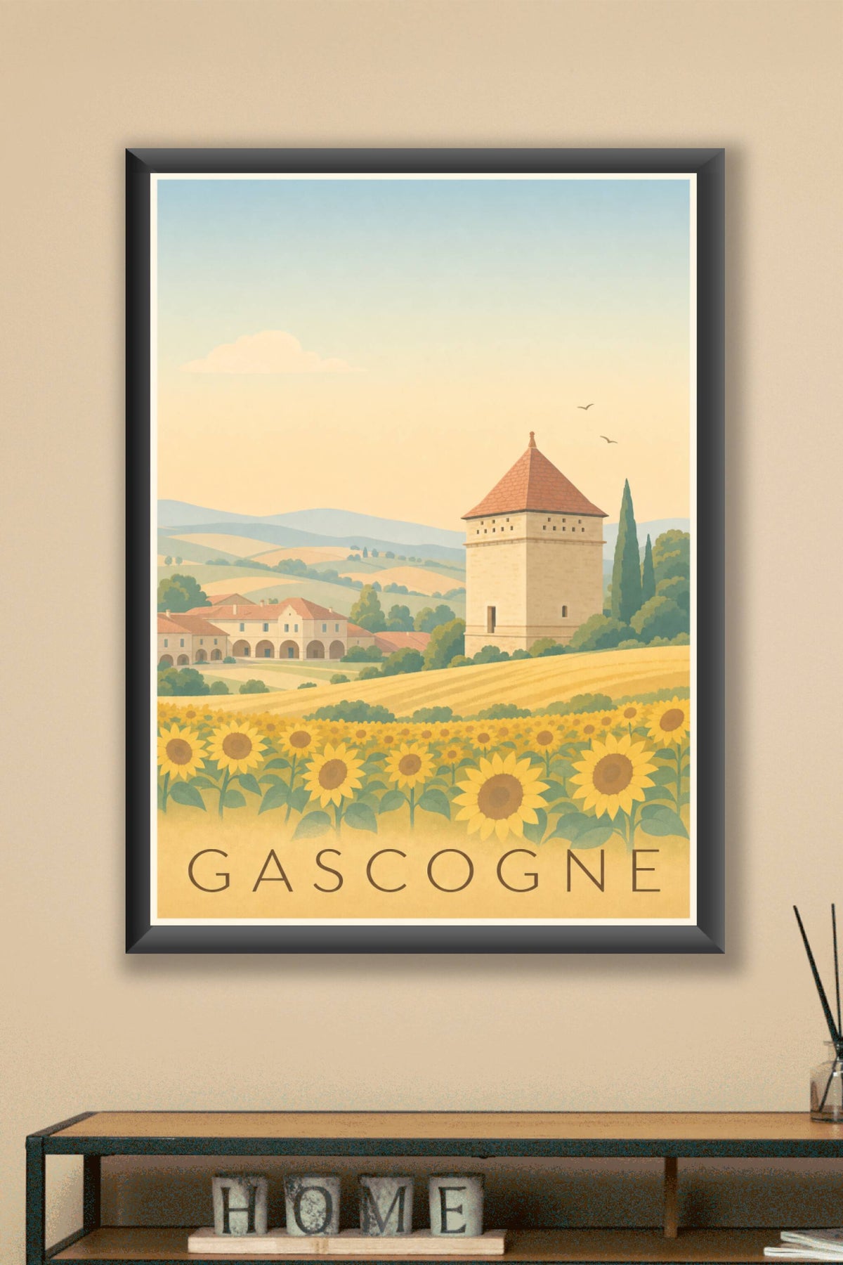 Affiche de Gascogne, poster tour et tournesols