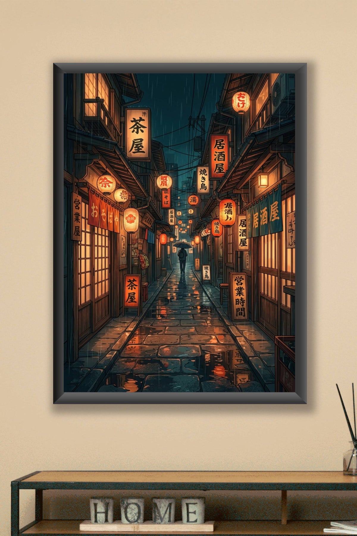 Affiche ruelle japonaise sous la pluie, poster Japon
