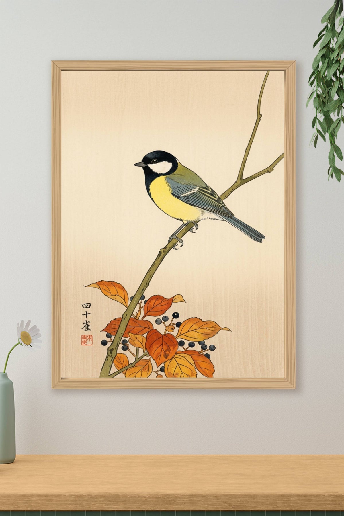 Poster Mésange japonaise, oiseau vintage