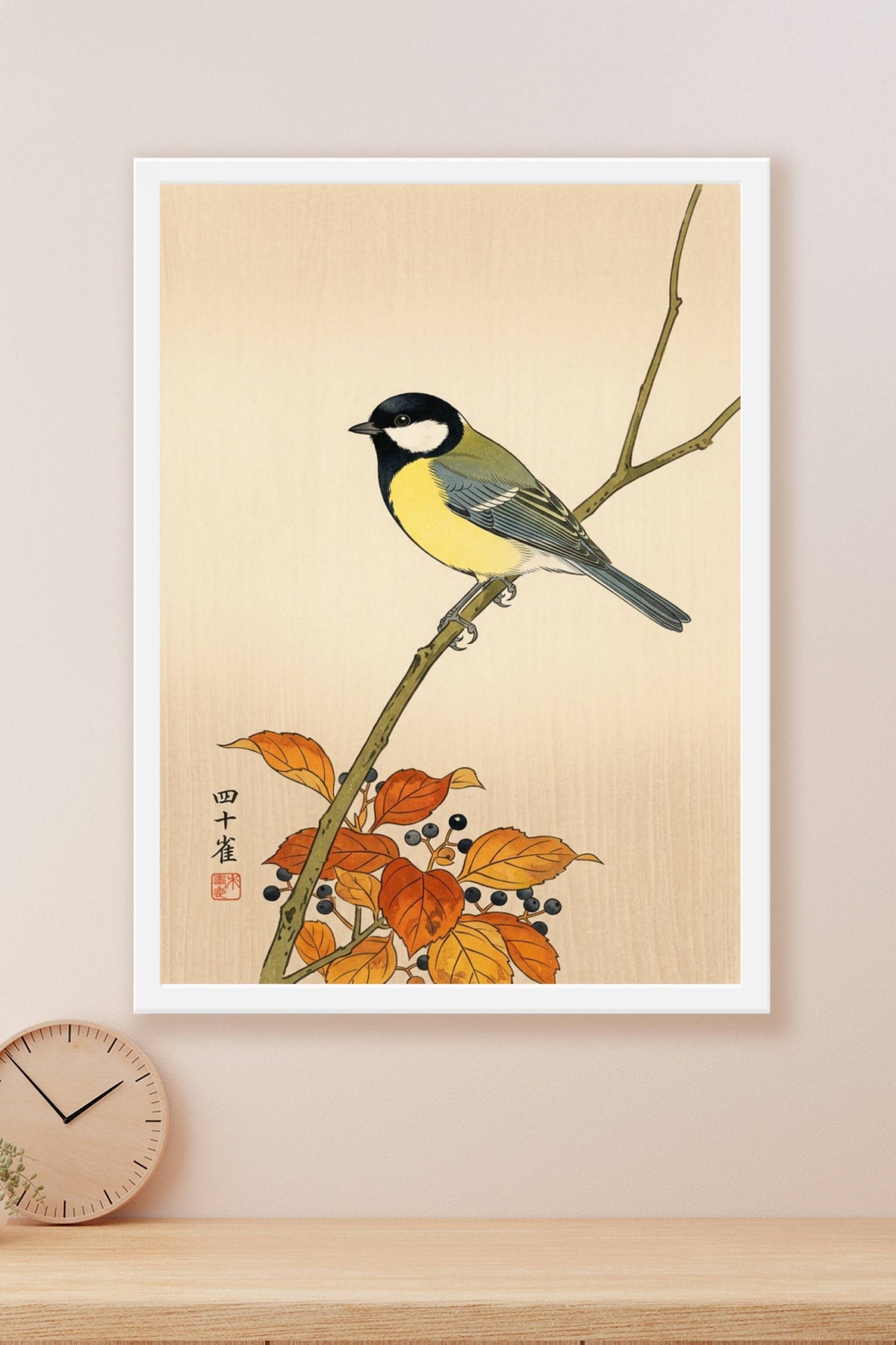 Poster Mésange japonaise, oiseau vintage