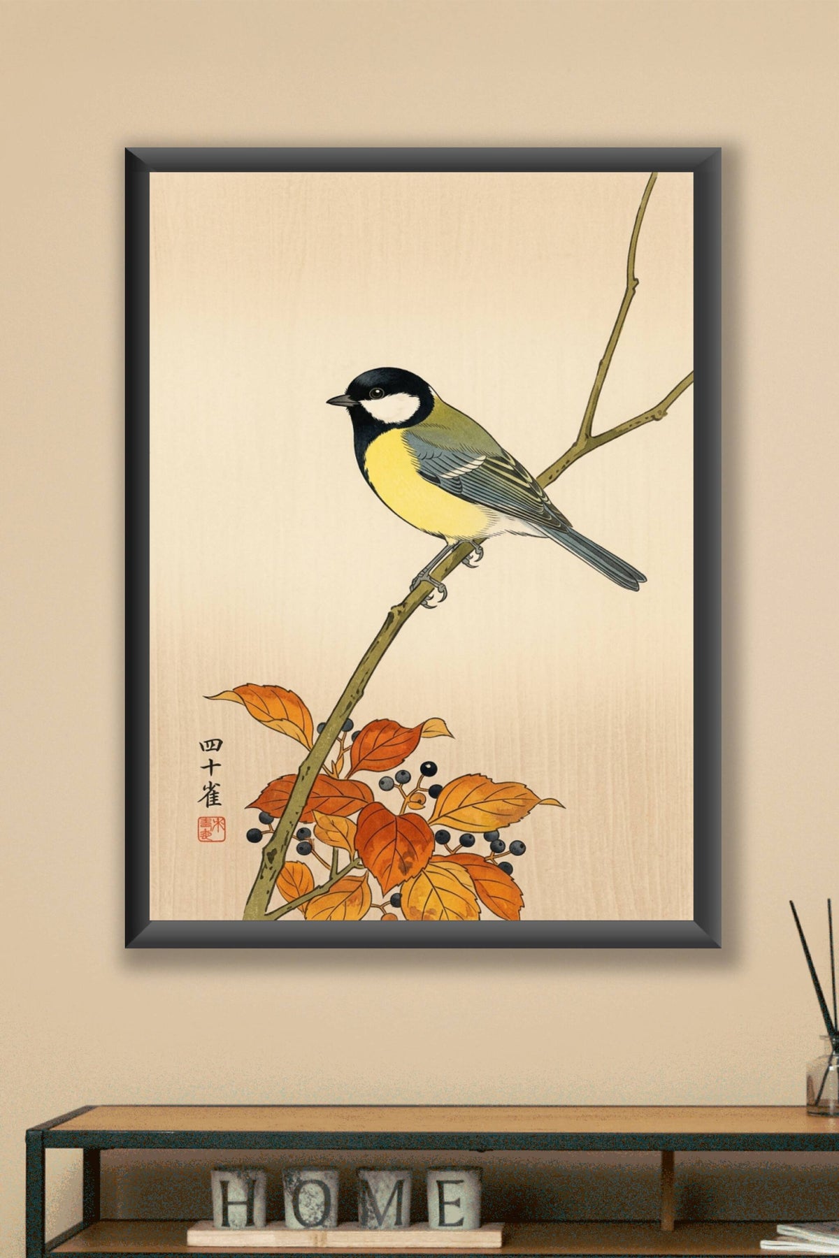 Poster Mésange japonaise, oiseau vintage