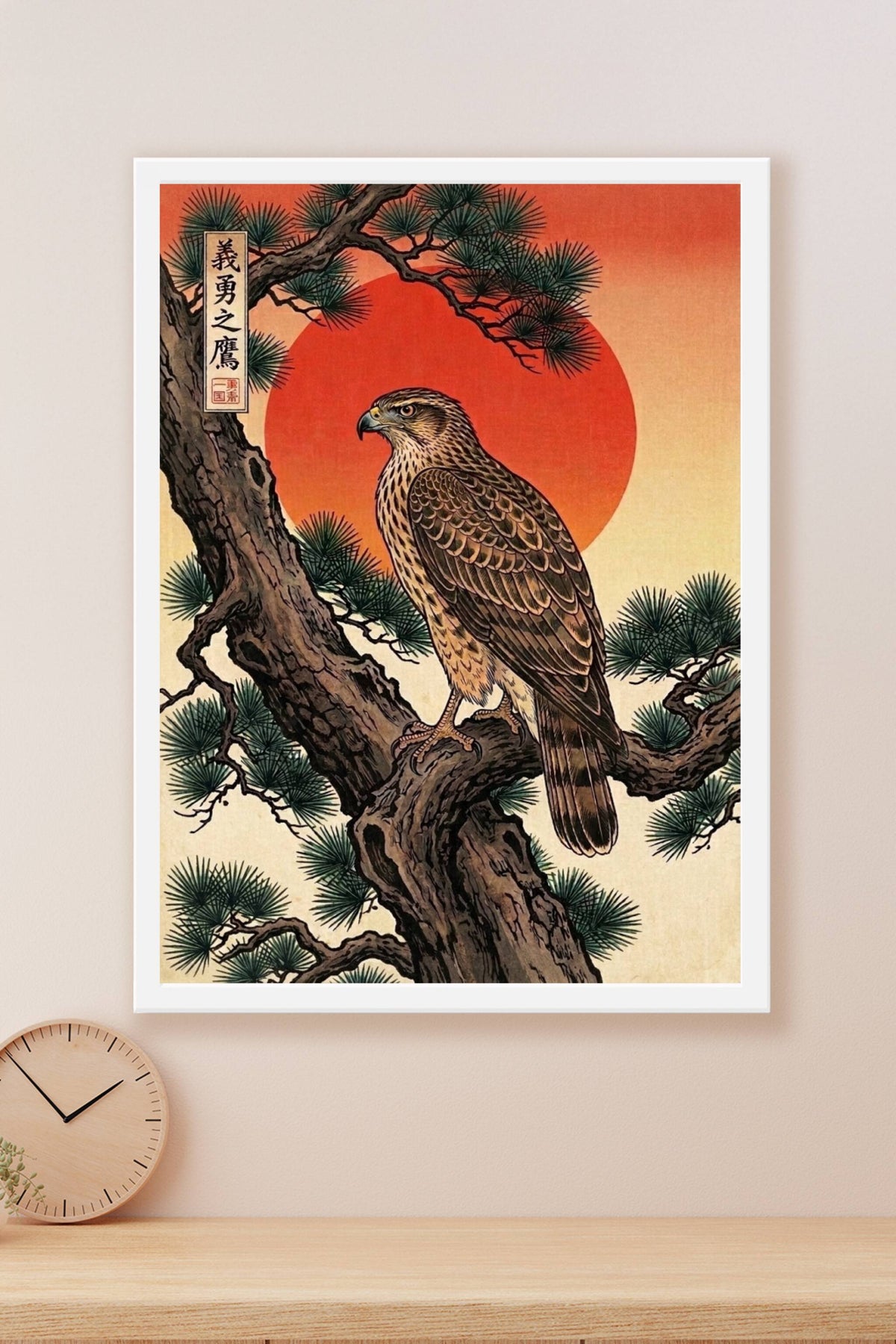 Affiche Faucon japonais, poster soleil rouge