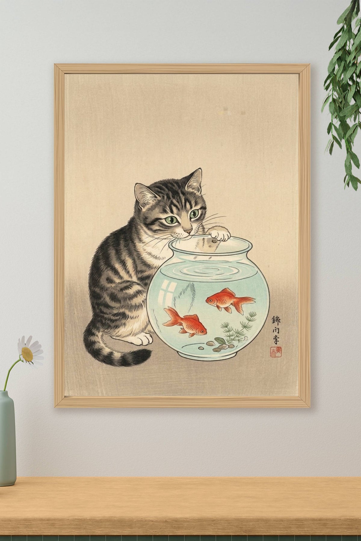 Affiche Chat et Poissons rouges, poster Japonais