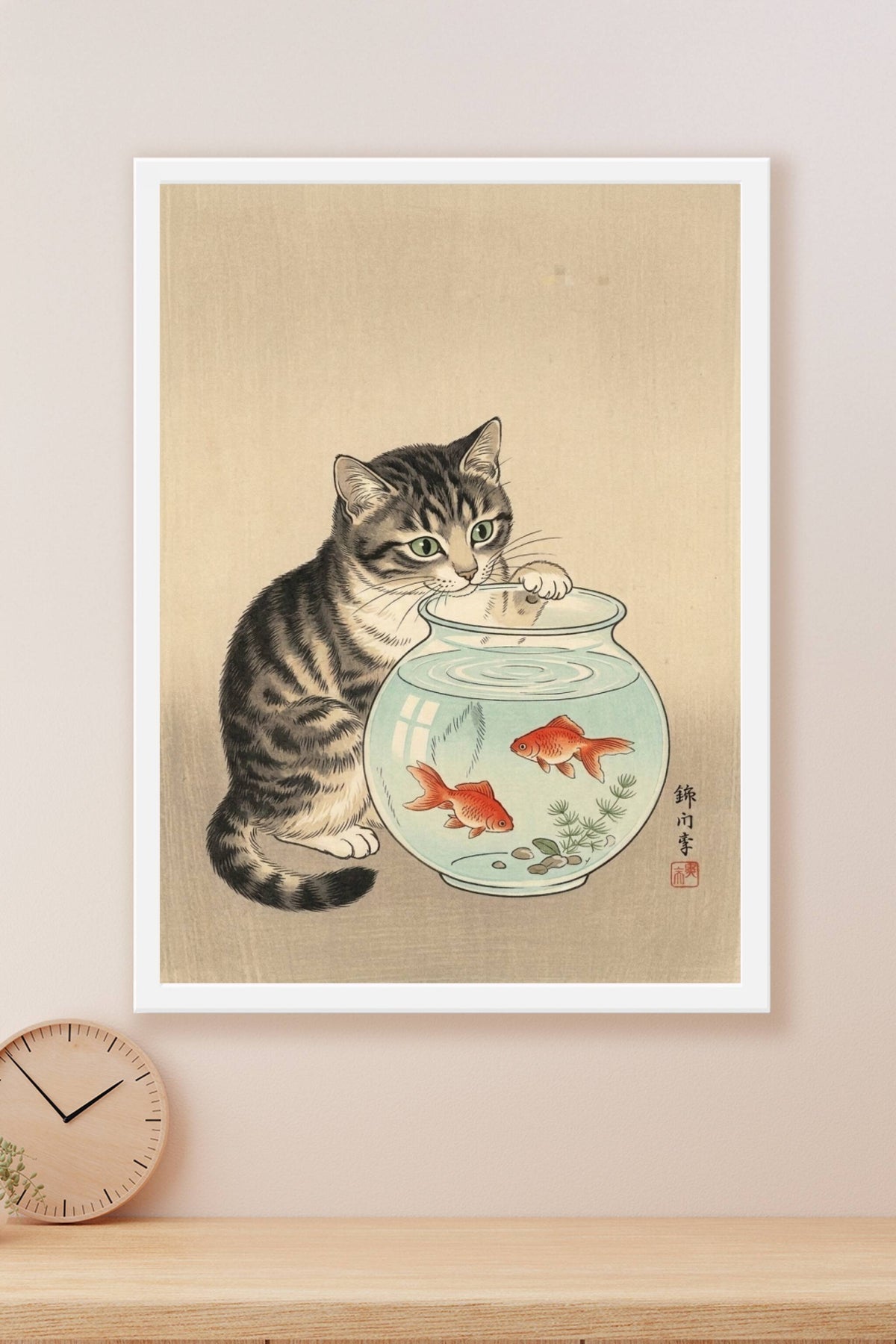 Affiche Chat et Poissons rouges, poster Japonais