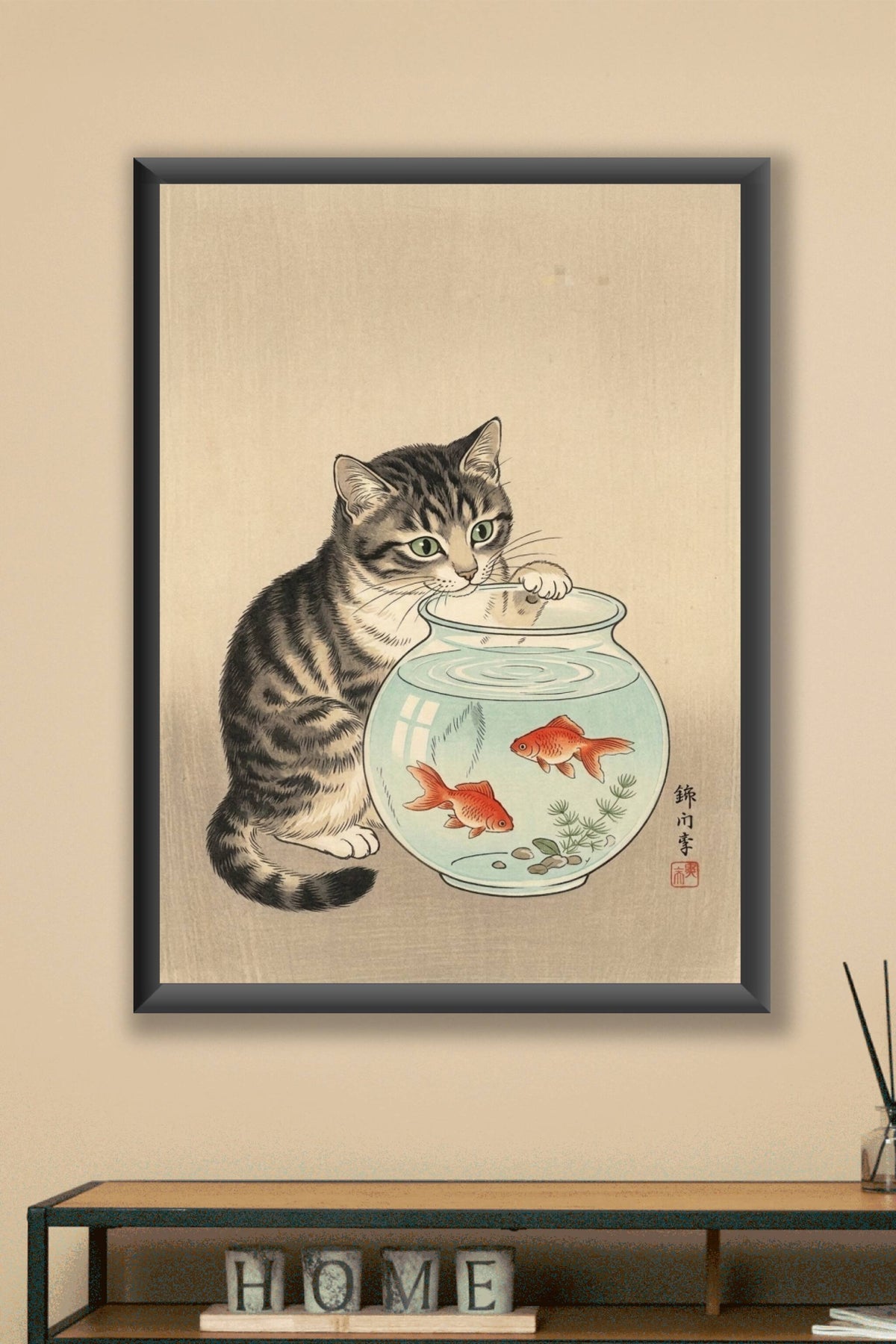 Affiche Chat et Poissons rouges, poster Japonais