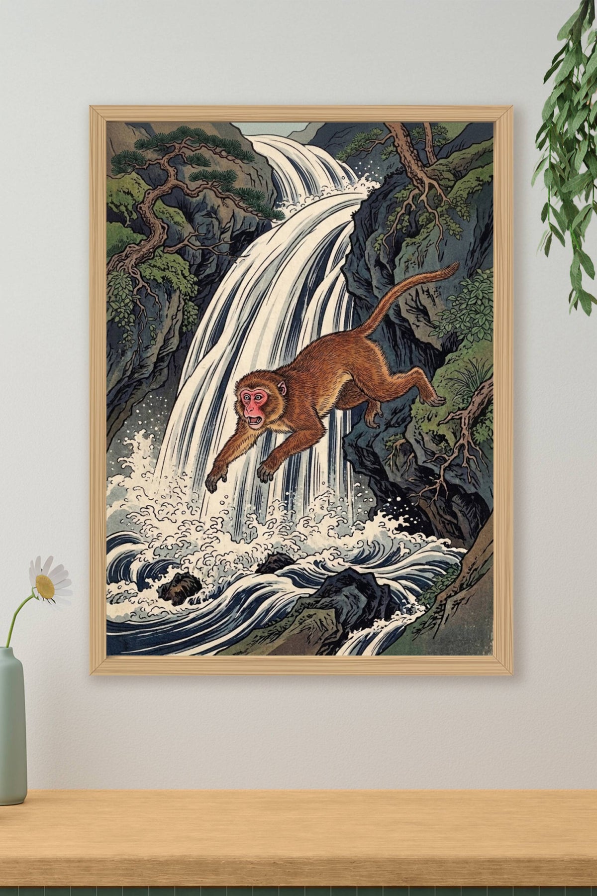 Affiche Singe japonais, poster cascade Ukiyo-e
