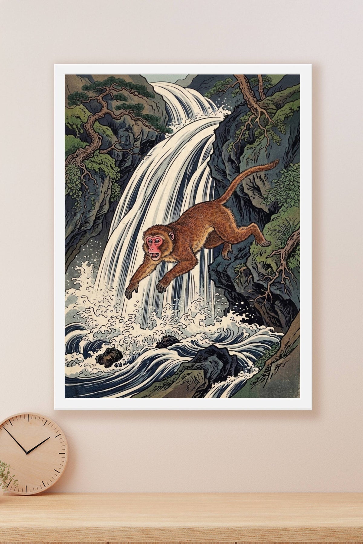 Affiche Singe japonais, poster cascade Ukiyo-e