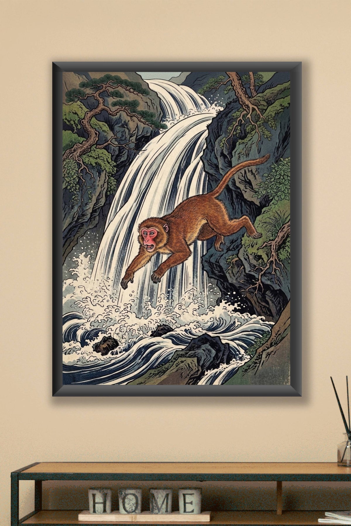 Affiche Singe japonais, poster cascade Ukiyo-e