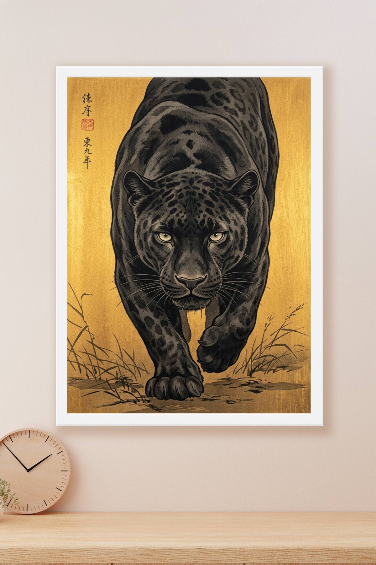 Poster Léopard Japonais, affiche fond doré