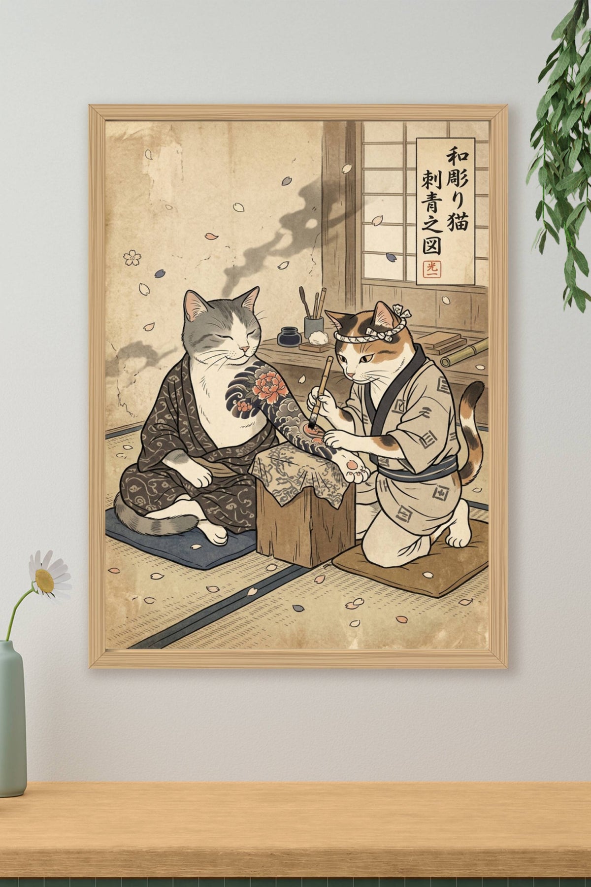 Affiche chat tatoueur japonais, poster ukiyo-e