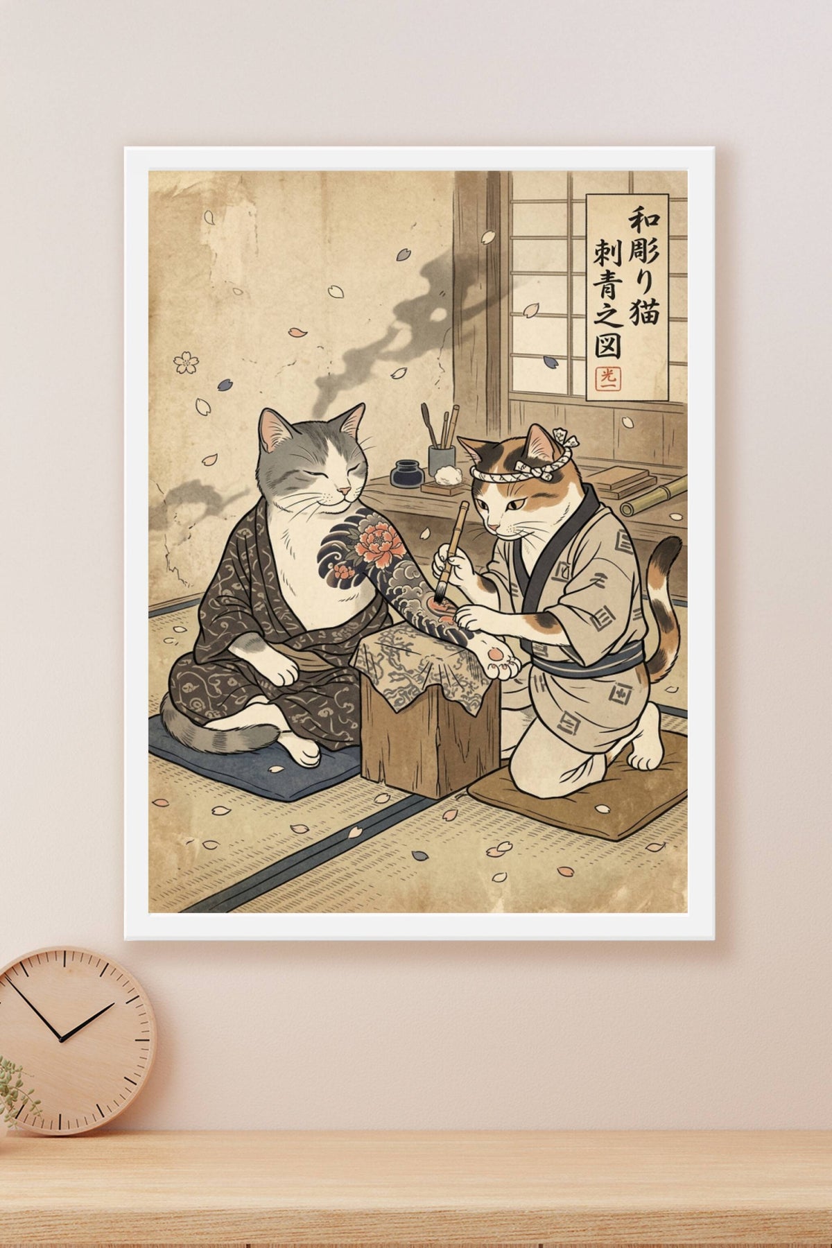Affiche chat tatoueur japonais, poster ukiyo-e