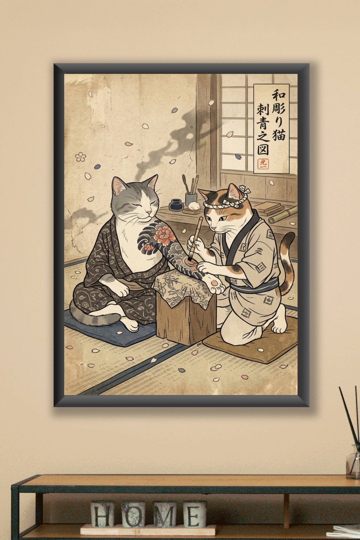 Affiche chat tatoueur japonais, poster ukiyo-e