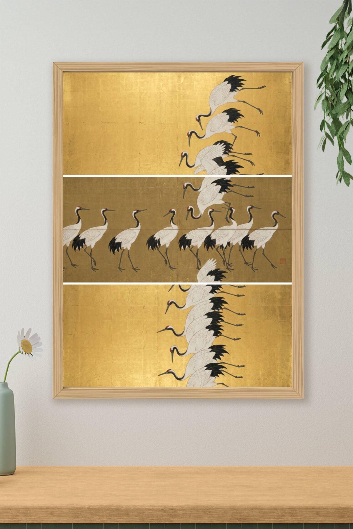 Affiche grues japonaises, poster fond doré