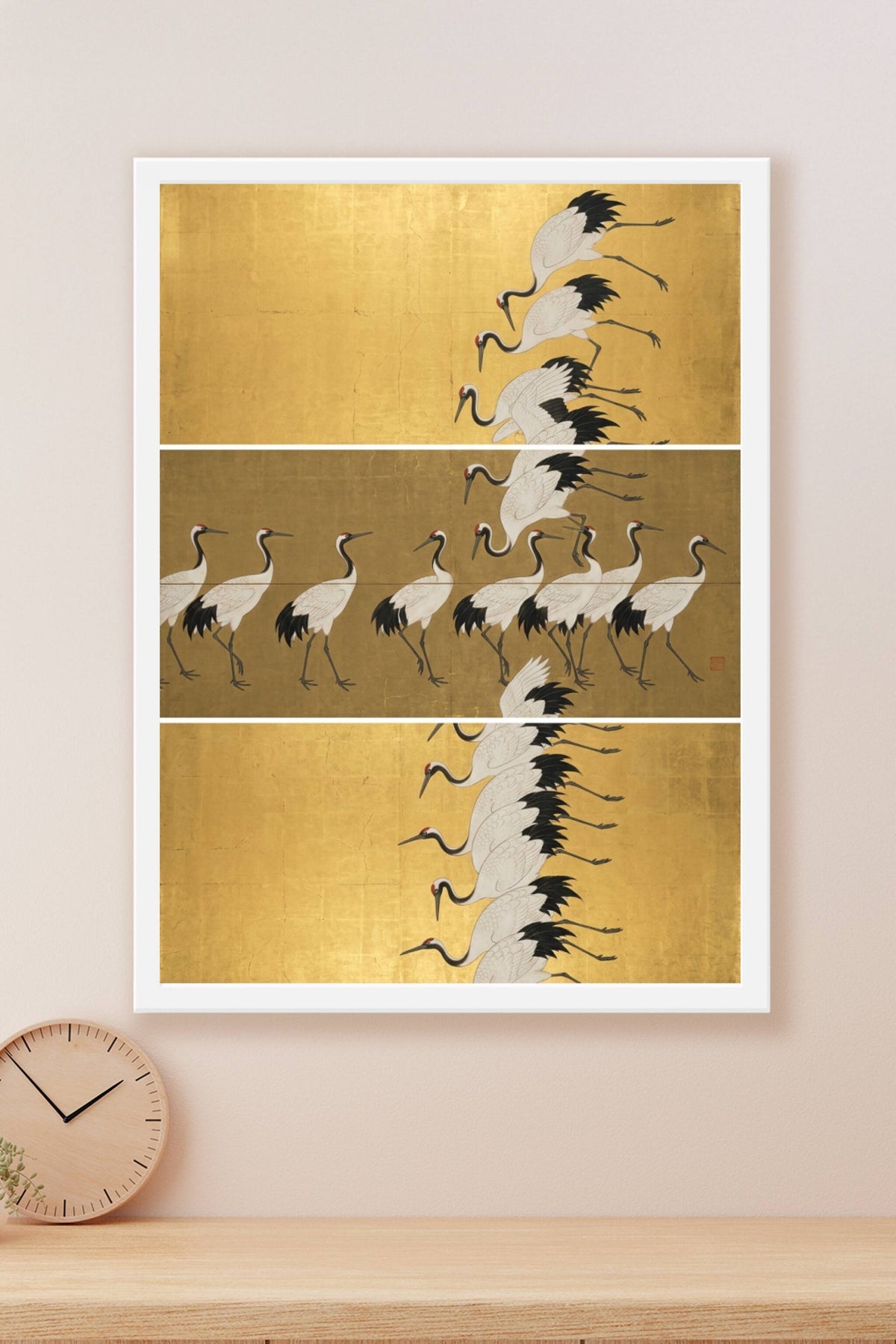 Affiche grues japonaises, poster fond doré