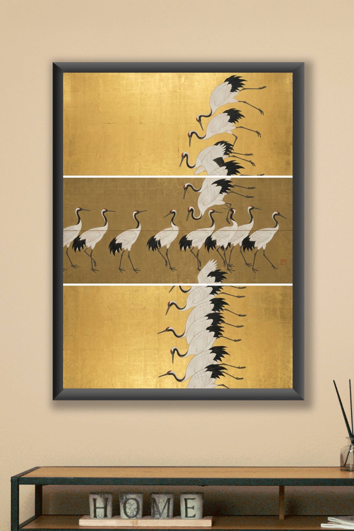 Affiche grues japonaises, poster fond doré
