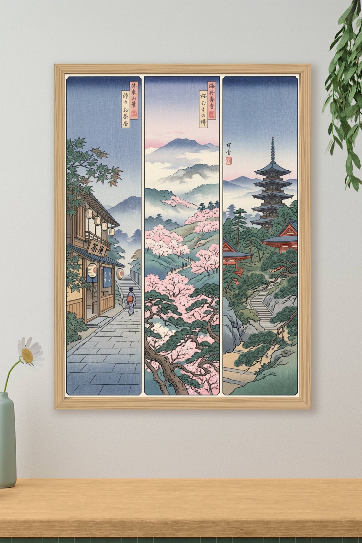 Affiche Paysage Japonais, poster triptyque pagode