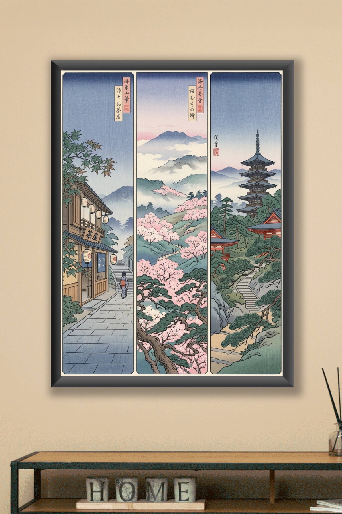 Affiche Paysage Japonais, poster triptyque pagode