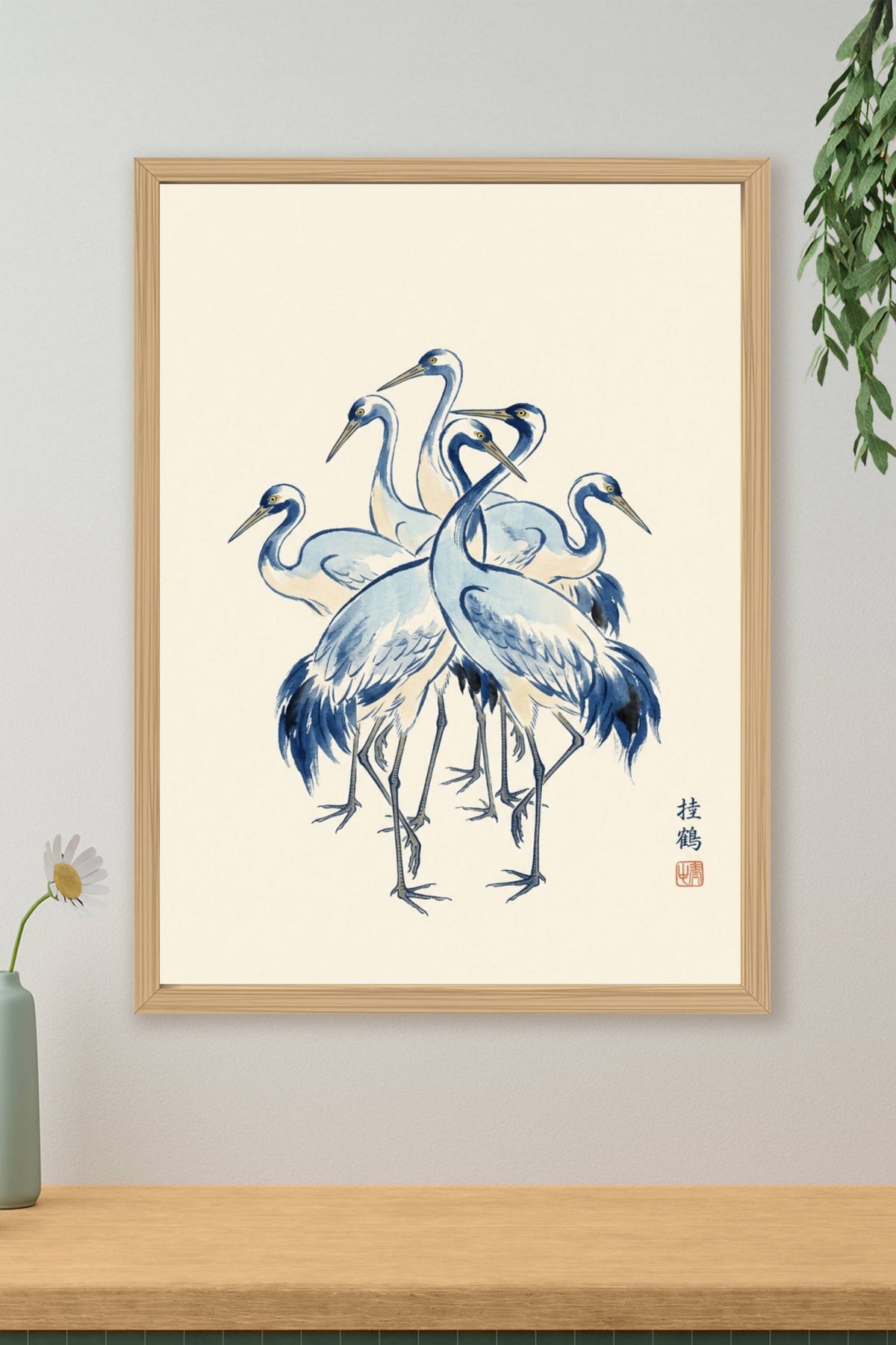 Affiche grues japonaises, poster oiseaux bleus