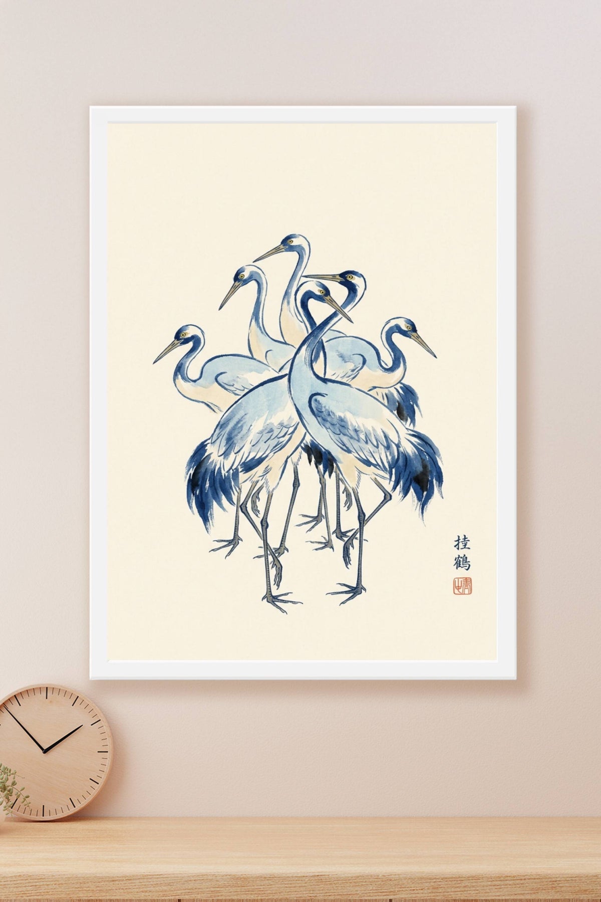Affiche grues japonaises, poster oiseaux bleus