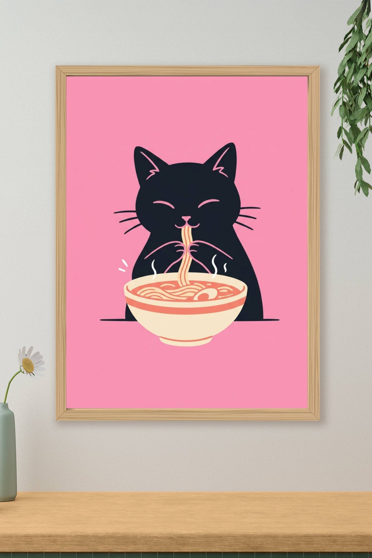 Affiche Chat Ramen japonais, poster rose