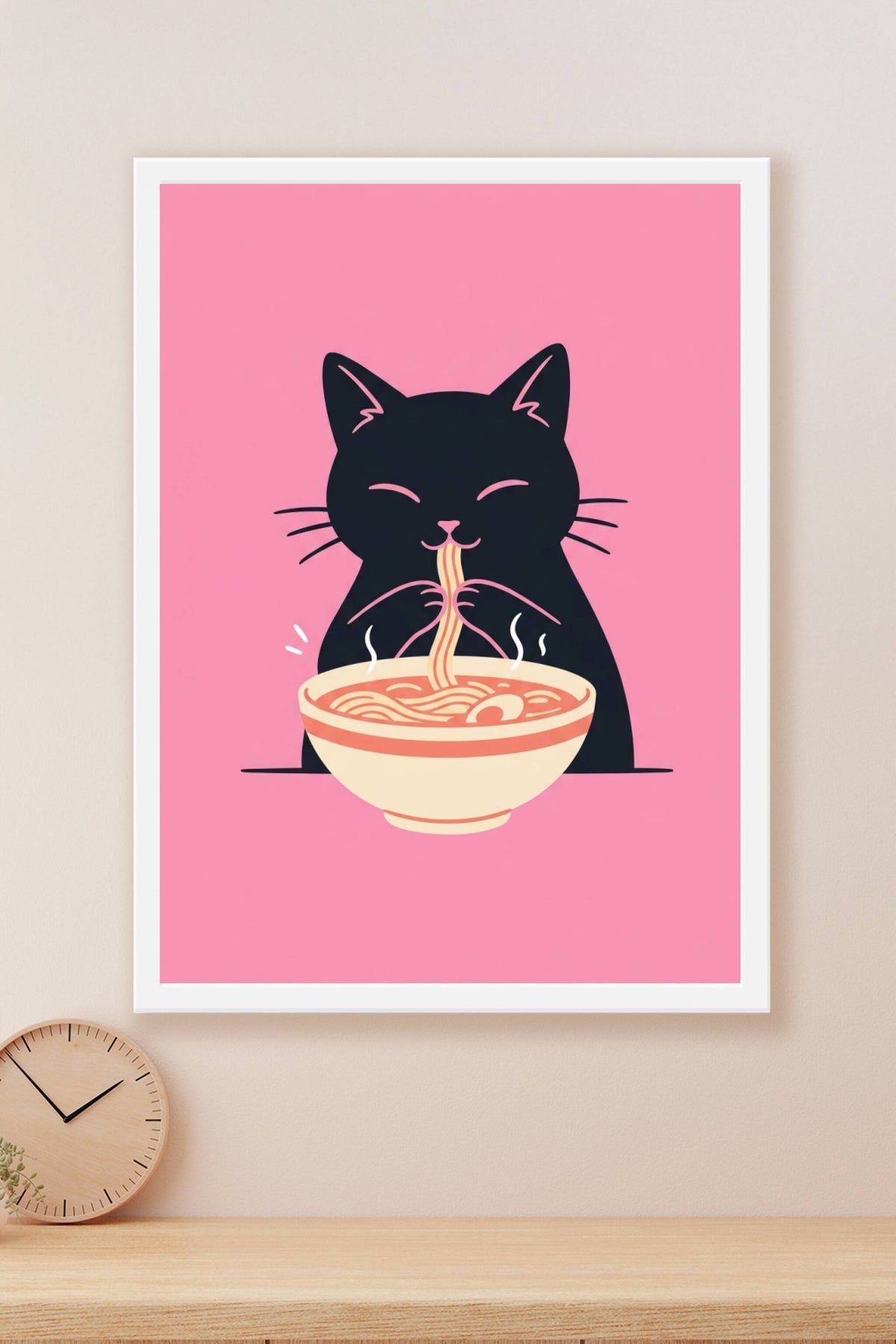 Affiche Chat Ramen japonais, poster rose