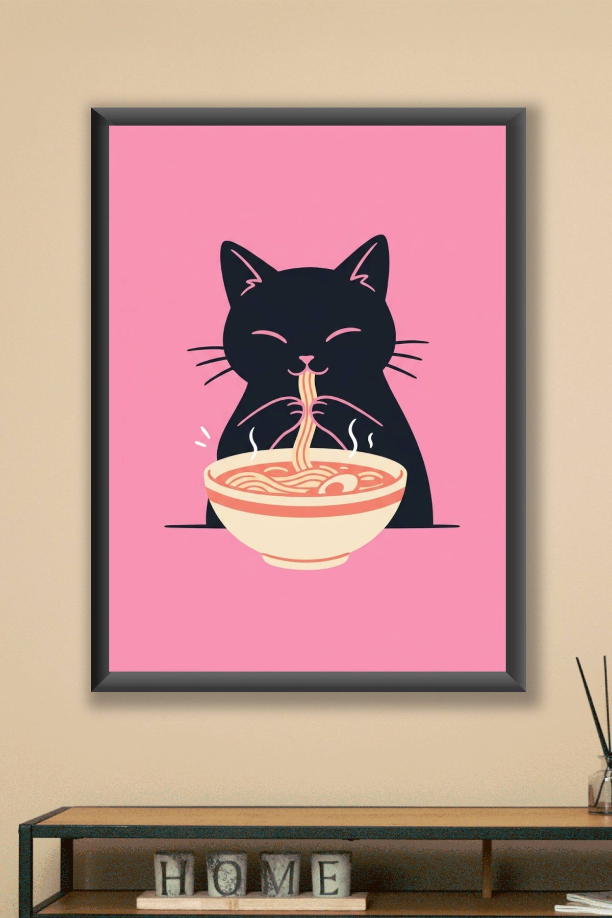 Affiche Chat Ramen japonais, poster rose
