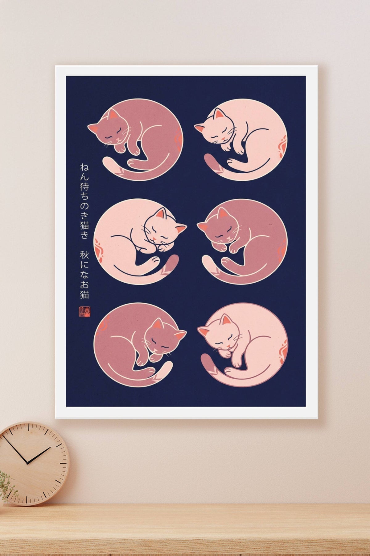 Affiche chats japonais, poster rose et bleu