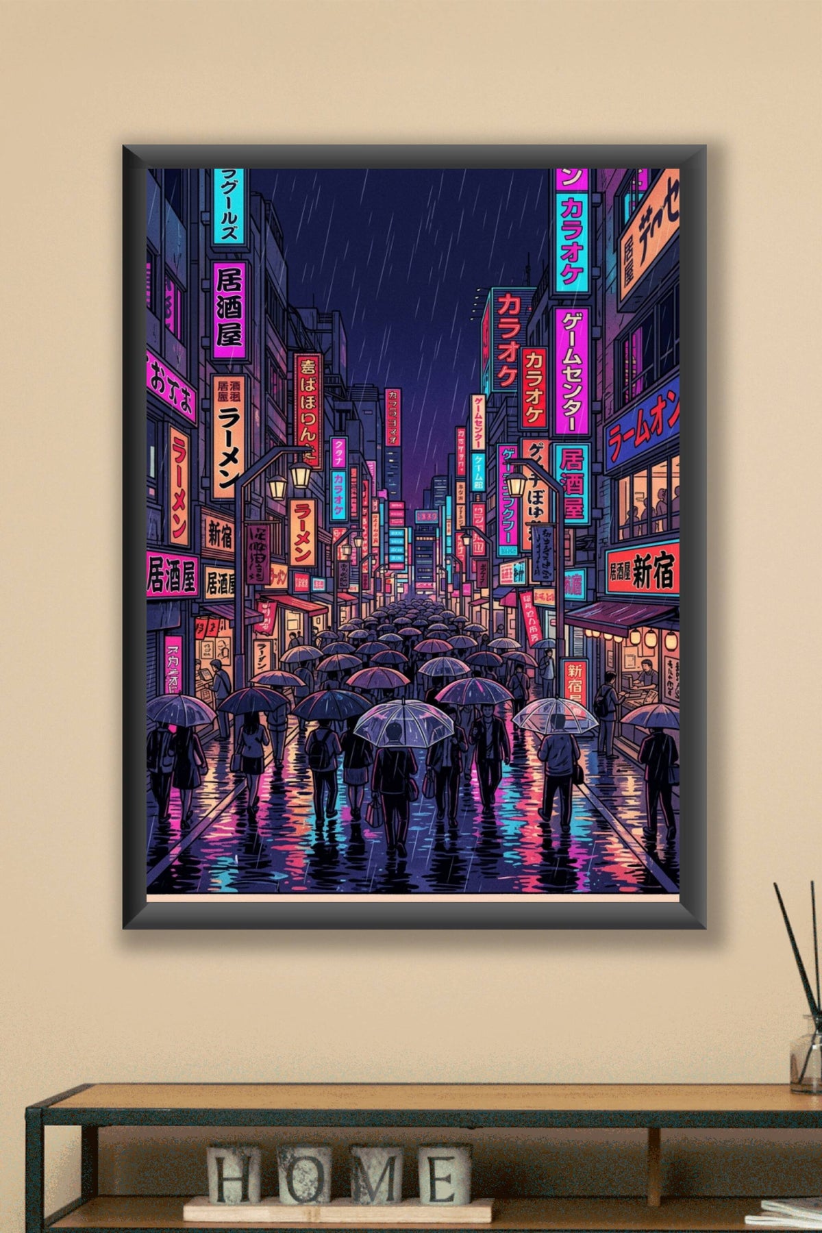 Affiche de Tokyo, poster néons sous la pluie