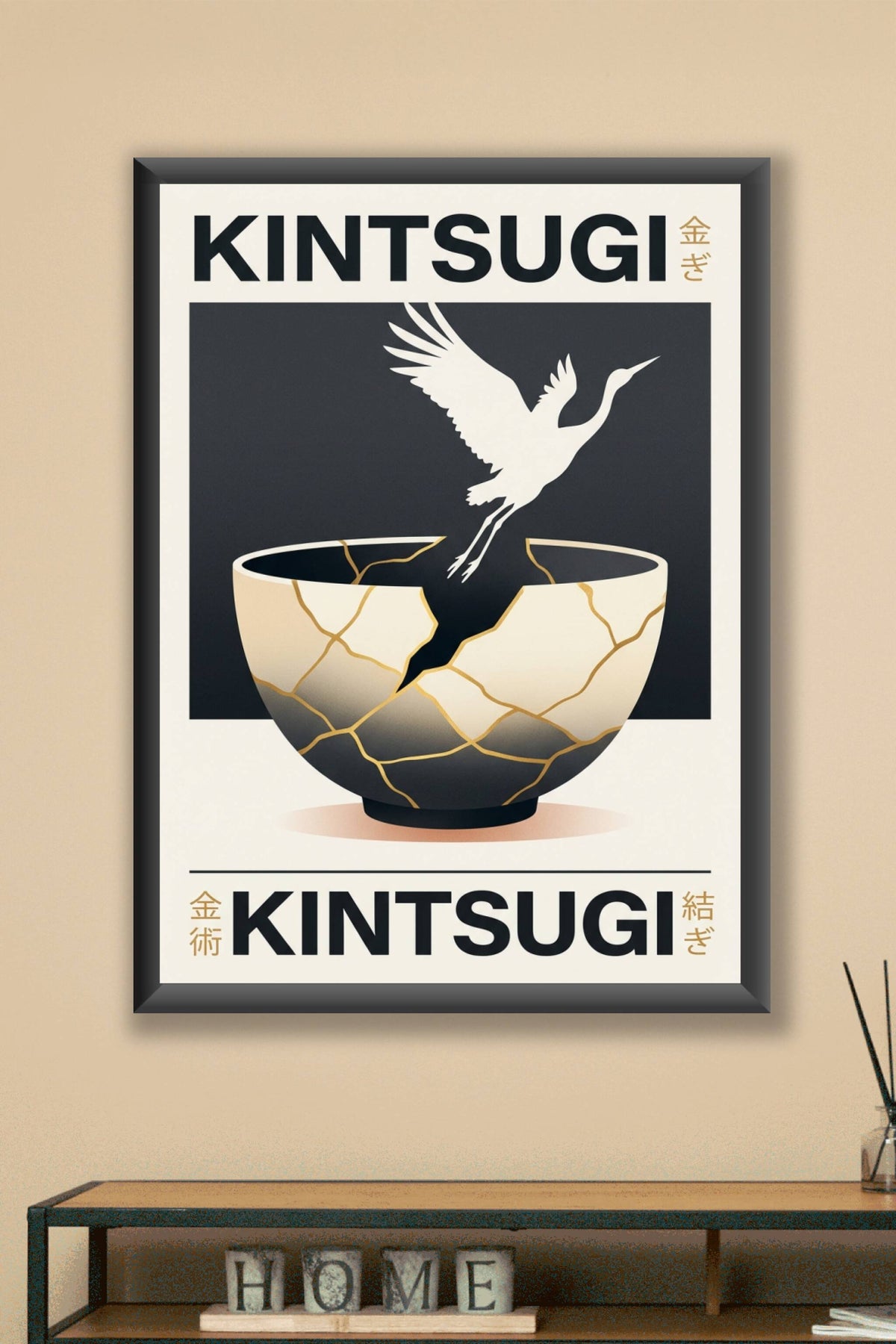 Affiche Kintsugi japonais, poster grue blanche