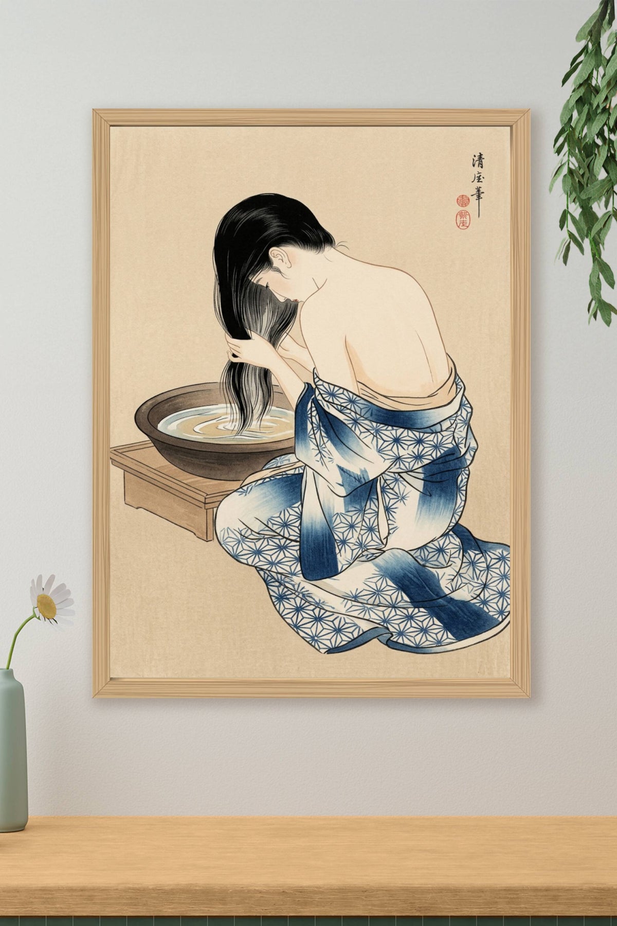 Affiche Japonaise, poster femme au kimono bleu