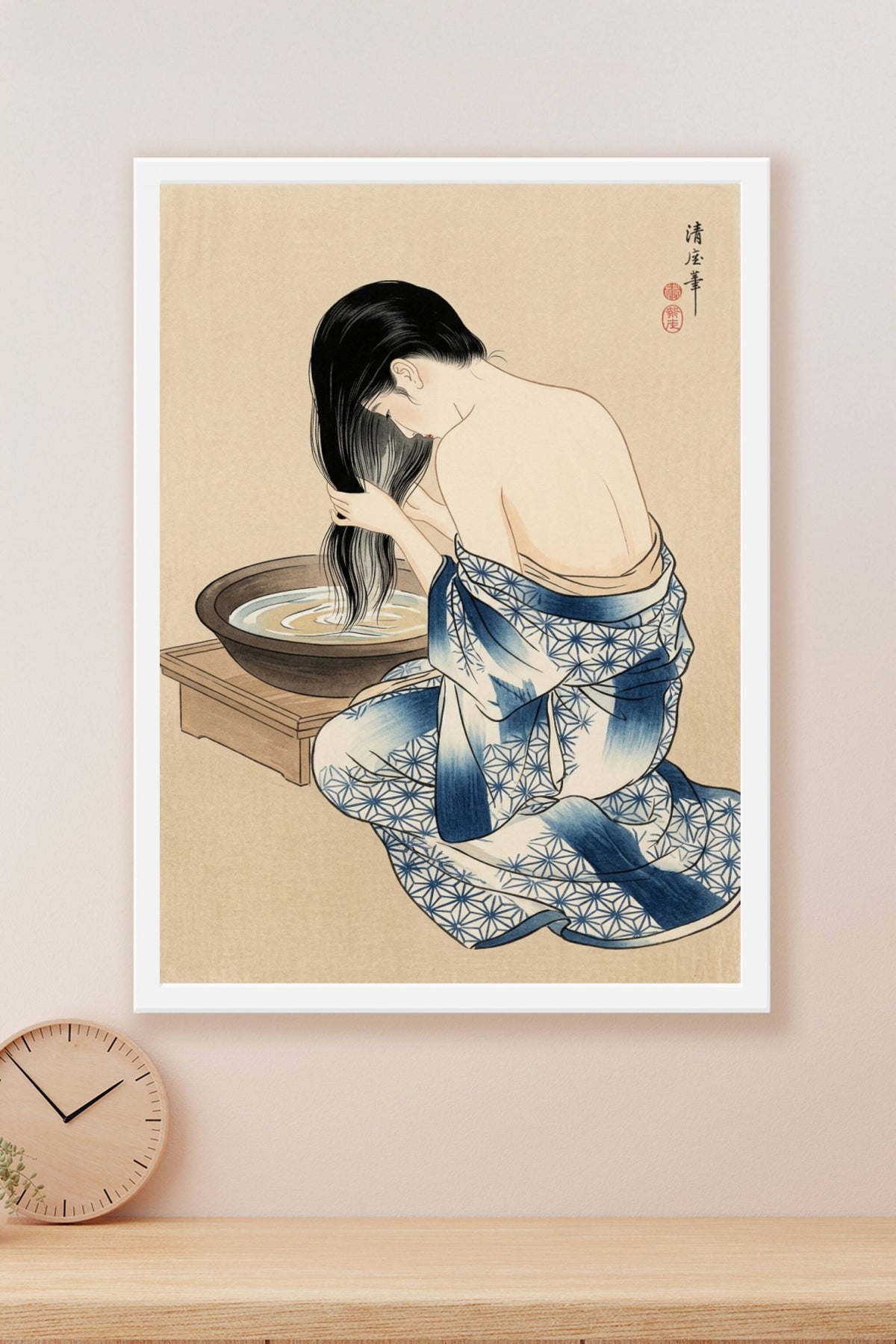 Affiche Japonaise, poster femme au kimono bleu