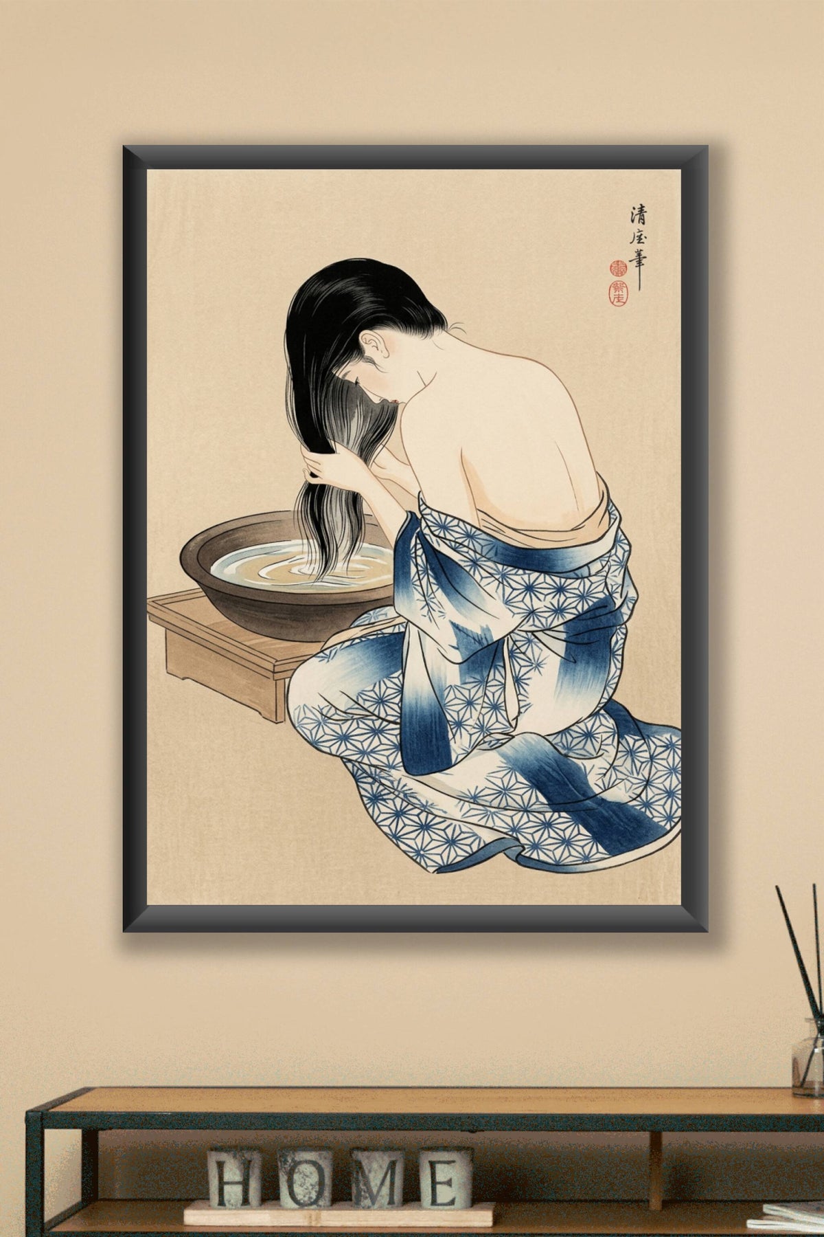 Affiche Japonaise, poster femme au kimono bleu