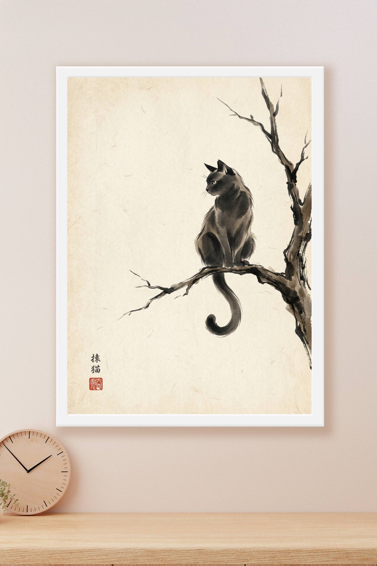 Affiche chat japonais, poster encre sumi-e