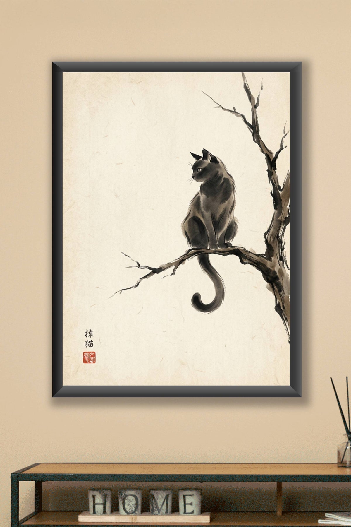 Affiche chat japonais, poster encre sumi-e