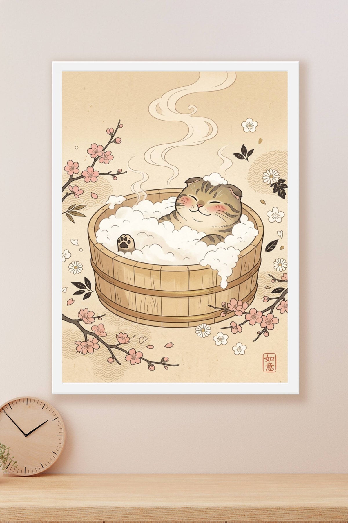 Affiche Chat Japonais, poster bain onsen